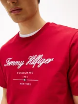 Remera de algodón de corte regular, color rojo, con cuello redondo y mangas cortas. Presenta el logotipo de la marca bordado en el pecho en tipografía cursiva y la bandera distintiva de Tommy Hilfiger bordada en la manga.