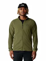 Campera polar verde militar con cierre frontal completo, cuello alto y bolsillos laterales con cierre. Confeccionada en tejido de vellón polar, cuenta con mangas raglán y pequeño logo de la marca bordado en el pecho.