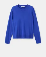 Jersey de punto fino de corte recto, color azul, con cuello redondo y manga larga.