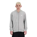 Campera gris de New Balance con cierre frontal, capucha con cordones, bolsillos laterales y logo bordado en el pecho.