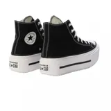 Championes Converse Chuck Taylor All Star Lift Double Stack, de caña alta, color negro con detalles en blanco, plataforma con doble suela y cordones blancos.