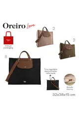 Cartera tipo tote de diseño amplio en color beige, con solapa superior y asas en color marrón. Incluye una correa larga regulable y desmontable con logo grabado, y un aplique metálico en forma de labios en la parte inferior.