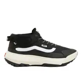Championes Vans modelo Mte Crosspath Mid, de caña media, color negro con detalles en blanco. Presentan un diseño robusto con suela de plataforma dentada, cordones jaspeados y la icónica banda lateral de la marca.