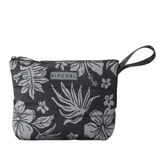Bolso de mano tipo necessaire Rip Curl Weekend Travel Clutch, color negro con estampado floral en tonos grises, cierre superior y tira de transporte lateral.