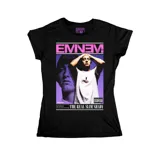 Remera negra de corte entallado con estampa frontal de Eminem en tonos violeta y blanco, incluyendo el logo del artista y la leyenda The Real Slim Shady.