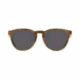 Lentes de sol con montura redonda de madera color marrón claro con veta natural y lentes grises.