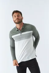 Polo de hombre marca Brookfield, manga larga, color beige con rayas horizontales azul marino y blanco en el pecho. Tiene cuello clásico con botones y logo estampado en el pecho.