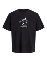 Camiseta negra de algodón con cuello redondo, corte holgado y estampado frontal de una taza con ojos y extremidades.