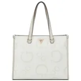 Cartera tipo tote de Guess en color blanco, con diseño estructurado y estampado de monograma de la marca en relieve. Cuenta con doble asa de hombro y detalles metálicos dorados, incluyendo el logo triangular en el frente.
