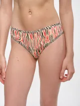 Bombacha de bikini con estampado abstracto en tonos beige, rojo y negro.