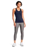 Leggings deportivos Under Armour HeatGear de talle alto en color gris melange, con diseño ajustado, costuras planas ergonómicas, bolsillos laterales y el logo de la marca en el lateral de la pierna.