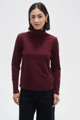 Polera de manga larga en color bordó, con cuello alto tipo polera y diseño ajustado.