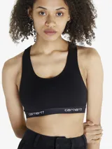 Top deportivo tipo racer back de color negro, confeccionado en tejido elástico con banda elástica inferior personalizada con el logo de la marca Carhartt.