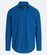 Camisa de franela con estampa de cuadros vichy azules y negros, corte comfort, cuello inglés, mangas largas y abotonado frontal.