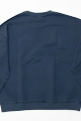 Buzo azul de cuello redondo con detalle de costura triangular en el escote, mangas largas y ajuste acanalado en puños y cintura.