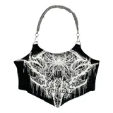 Top negro con estampado de telaraña blanca, breteles finos y cadena plateada.