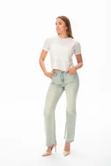 Blusa de tejido calado color plata, con cuello redondo y mangas cortas.