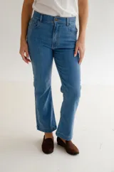 Jean de corte recto y tiro medio, confeccionado en denim azul clásico. Presenta diseño de cinco bolsillos con costuras reforzadas y cierre frontal con botón metálico.