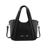 Cartera de mano Las Oreiro en color negro, confeccionada en material texturizado. Presenta doble asa superior, correa ajustable y extraíble, y detalles de marca grabados en el frente.