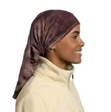 Cuello multifuncional de lana merino, diseño tubular sin costuras con estampado efecto tie-dye en tonos marrones.