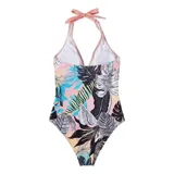 Malla entera de color verde oscuro, combinada con un diseño floreado en la parte inferior. Presenta escote halter cruzado y fruncidos en la zona del abdomen.