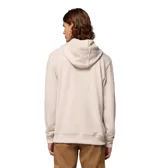 Buzo con capucha Columbia, modelo Marble Canyon, de color beige claro. Presenta un diseño clásico con bolsillo tipo canguro frontal, cordones ajustables en la capucha y puños y dobladillo acanalados. Incluye un pequeño parche con el logo de la marca en el pecho.