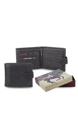 Billetera de cuero marrón claro con efecto desgastado, diseño plegable con broche de presión en la solapa. Presenta el logo "Lincoln's" grabado en la parte frontal inferior.