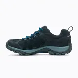 Zapatillas de senderismo Merrell Accentor 3, color negro con detalles en azul. Capellada de gamuza y malla transpirable, cordones y correas reciclados, lengüeta que evita la entrada de residuos, puntera de goma protectora, forro de malla reciclada, plantilla de espuma EVA reciclada, entresuela de espuma EVA ligera y suela exterior de goma con tracción duradera.