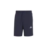 Short deportivo azul marino con cintura elástica ajustable con cordón, calzoncillo interior de malla y tres tiras blancas verticales en los laterales.