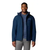 Campera impermeable Columbia modelo Hikebound II, color azul marino, con capucha ajustable, cierre frontal completo y bolsillo con cierre en el pecho. Diseño técnico con logo de la marca estampado.