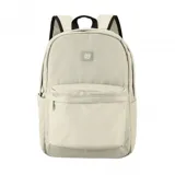 Mochila color beige de lona impermeable con correas ajustables y bolsillo lateral.