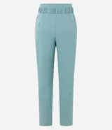 Pantalón recto color verde agua, de jacquard texturizado, con cinturón elástico con hebilla y cierre lateral.