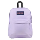 Mochila Jansport Superbreak de 26 litros, color lila con bolsillo frontal con cierre y el parche clásico de la marca en la parte delantera.