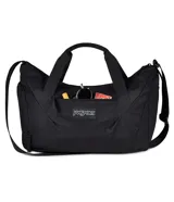 Bolso deportivo tipo duffel de la marca Jansport, color bordó, con doble asa de mano y correa ajustable para hombro. Cuenta con cierre principal, bolsillo frontal con cierre y logo de la marca aplicado.