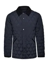 Campera acolchada azul marino con costuras en rombos, cuello de pana negro y cierre frontal con botones a presión. Incluye bolsillos laterales con ribete de pana y broches ajustables en la cintura.