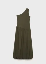 Vestido largo de diseño asimétrico con un solo hombro, corte evasé y falda con vuelo. Presenta un estilo minimalista y elegante, con cierre lateral de cremallera.