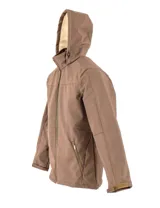 Campera marrón de neopreno con capucha, cierre frontal y bolsillos laterales con cierre.