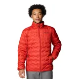 Campera técnica de plumón Columbia, color rojo, con tecnología Omni-Heat termorreflectante y construcción HeatSeal sin costuras. Cuenta con cierre frontal completo, cuello alto con protección para la barbilla, bolsillos laterales con cierre y puños ribeteados.