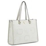 Cartera tipo tote de Guess en color blanco, con diseño estructurado y estampado de monograma de la marca en relieve. Cuenta con doble asa de hombro y detalles metálicos dorados, incluyendo el logo triangular en el frente.