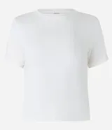Blusa básica de cuello redondo y manga corta con detalle de dobladillo, confeccionada en tejido de viscosa con elastano.
