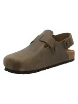 Zuecos de cuero color marrón de la marca RKF, con diseño cerrado en el empeine, tira ajustable en el talón con hebilla metálica y plantilla de corcho.