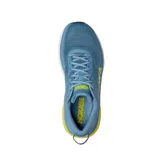 Championes de running Hoka Bondi 7, color celeste con detalles en amarillo y blanco.