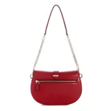 Cartera Guess tipo bandolera y bolso de hombro, color rojo con herrajes dorados y el logo de la marca en el frente. Cuenta con solapa frontal con cierre magnético, detalles de tiras con hebilla y una correa combinada de cuero sintético y cadena metálica.