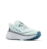 Championes de trail running Columbia modelo Konos Trillium, color azul claro con detalles en gris oscuro y blanco. Presentan suela con tecnología Adapt Trax para alta tracción, entresuela Techlite+ para amortiguación reactiva y sistema Navic Fit para mayor estabilidad en el talón.