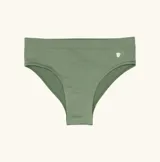Bombacha de bikini color verde oliva de microfibra con elástico ancho en la cintura y logo estampado en el lateral.