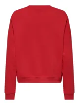 Buzo rojo de manga larga con cuello redondo y puños acanalados. Presenta un fit holgado y un largo corto, con estampado frontal que dice "PARIS FRANCE" en blanco.