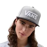 Gorra Vans modelo Drop, color gris con logo blanco bordado en el frente y visera plana negra.