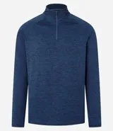 Remera deportiva térmica de manga larga color negro, con cuello alto y cremallera frontal. Presenta sisas raglán y recortes, sin estampado.