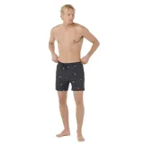 Short de baño negro con estampado de palmeras y soles en colores naranja, celeste y blanco. Tiene cintura elástica con cordón ajustable y logo de la marca en la pierna derecha.