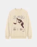 Buzo de cuello redondo color beige, con diseño gráfico en el frente que incluye la leyenda 'Sumo', una ilustración de un luchador de sumo y listado de canciones.